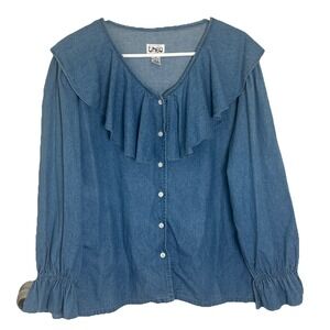 Theo Shirt Womens Medium Blue Denim Ruffle Button Up Long Sleeve Blouse Top